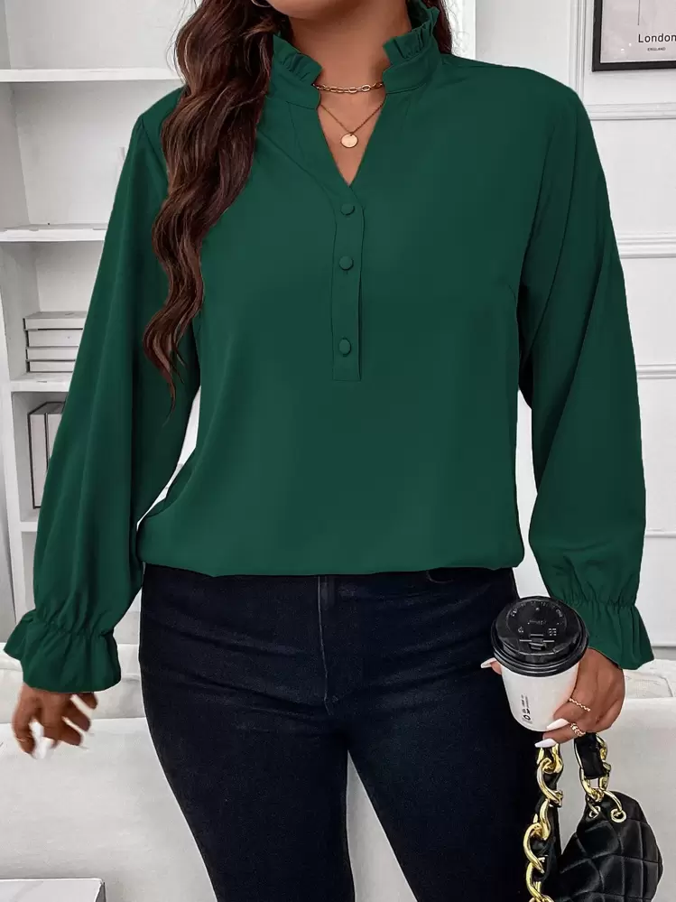 SHEIN Clasi Áo sơ mi Plus Size Xù Nút viền lá sen màu trơn Giải trí - Màu xanh lá cây đậm - Xem 5