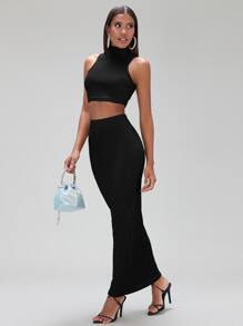 SHEIN BAE 高領短款背心和鉛筆裙 - 黑色 - 查看 1