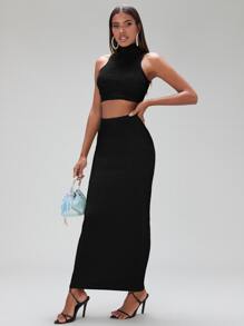 SHEIN BAE 高領短款背心和鉛筆裙 - 黑色 - 查看 6