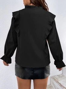 SHEIN Clasi Blusa de cuello con cordón ribete con fruncido de manga con volante - Negro - Ver 2