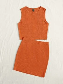 SHEIN EZwear Top corto unicolor con textura & Falda - Naranja - Ver 4