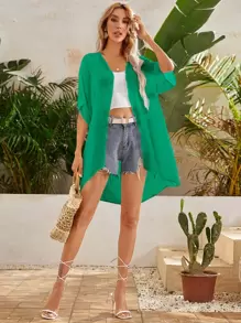 SHEIN VCAY Open Front Asymmetrical Hem Kimono - Green - View 1