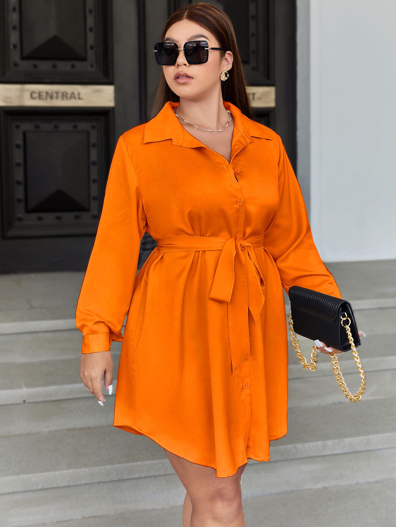 Celure Plus Button Front Belted Shirt Dress - Orange - View 1
