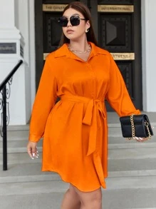Celure Plus Button Front Belted Shirt Dress - Orange - View 3