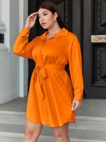 Celure Plus Button Front Belted Shirt Dress - Orange - View 5