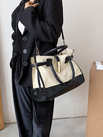 撞色幾何浮雕扣飾和金屬裝飾單肩托特包