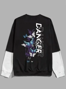 ROMWE MEN Hombres Sudadera con letra con estampado de mariposa 2 en 1 - Negro - Ver 1