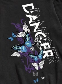 ROMWE MEN Hombres Sudadera con letra con estampado de mariposa 2 en 1 - Negro - Ver 5