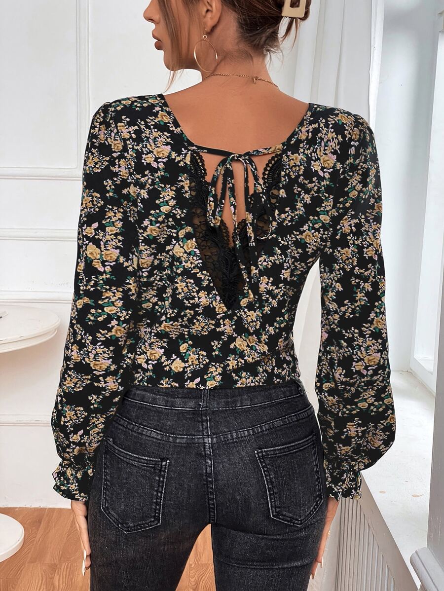 SHEIN Frenchy Floral Print Tie Back Flounce Sleeve Blouse - Black - View 1