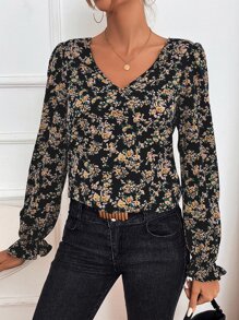 SHEIN Frenchy Floral Print Tie Back Flounce Sleeve Blouse - Black - View 2