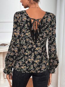 SHEIN Frenchy Floral Print Tie Back Flounce Sleeve Blouse - Black - View 4