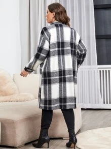 SHEIN LUNE Abrigo con estampado de cuadros de hombros caídos - Blanco y Negro - Ver 2