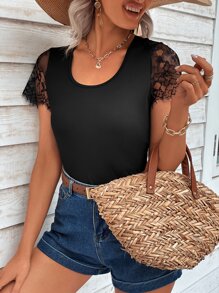 SHEIN LUNE Contrast Lace Sleeve Scoop Neck Tee - Black - View 1