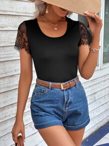 SHEIN LUNE Contrast Lace Sleeve Scoop Neck Tee - Black - View 4