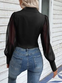 SHEIN LUNE Contrast Mesh Lantern Sleeve Asymmetrical Hem Shirt - Black - View 2