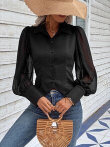 SHEIN LUNE Contrast Mesh Lantern Sleeve Asymmetrical Hem Shirt - Black - View 5