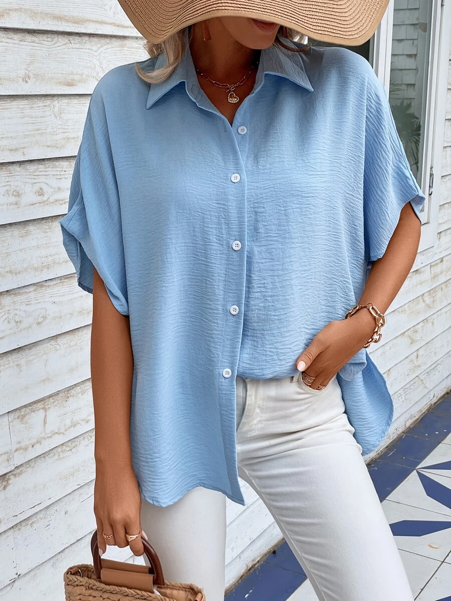 SHEIN LUNE Camisa de manga murciélago con botón delantero - Azul - Ver 1