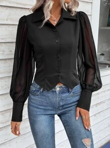 SHEIN LUNE Contrast Mesh Lantern Sleeve Asymmetrical Hem Shirt - Black - View 6