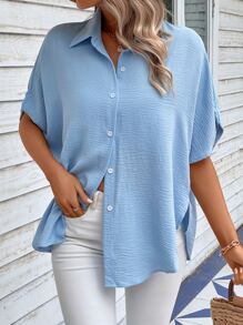 SHEIN LUNE Camisa de manga murciélago con botón delantero - Azul - Ver 4