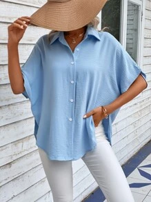 SHEIN LUNE Camisa de manga murciélago con botón delantero - Azul - Ver 5