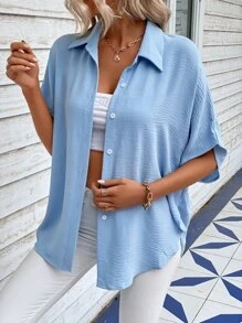 SHEIN LUNE Camisa de manga murciélago con botón delantero - Azul - Ver 7