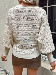 SHEIN LUNE Pointelle Knit Lantern Sleeve Jumper - Beige - View 2