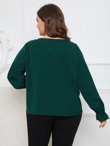 SHEIN LUNE Plus Contrast Lace Flounce Sleeve Blouse - Dark Green - View 2