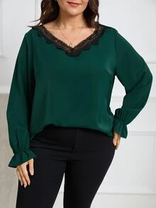 SHEIN LUNE Plus Contrast Lace Flounce Sleeve Blouse - Dark Green - View 3