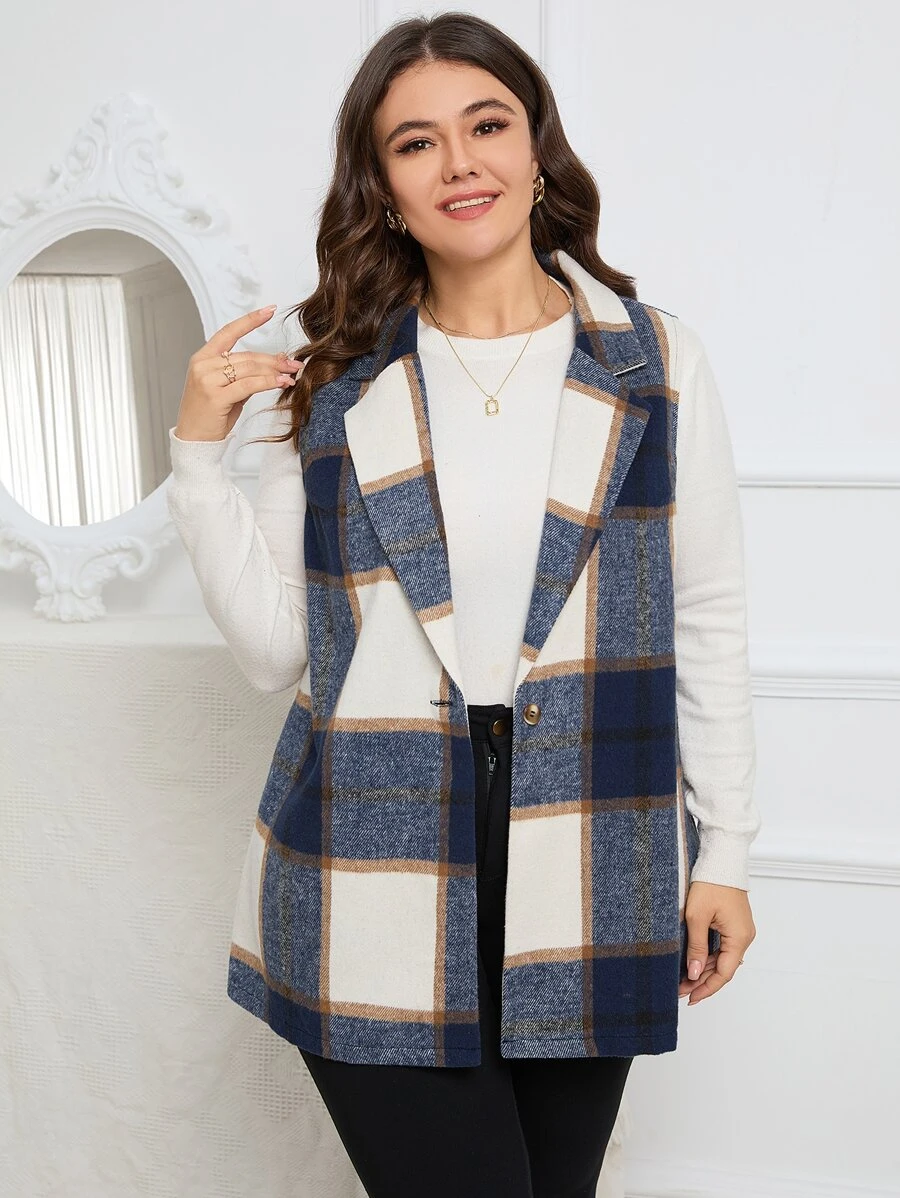 SHEIN LUNE Blazer chaleco de cuadros con botón - Multicolor - Ver 1