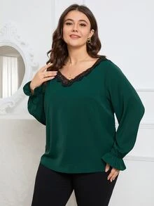 SHEIN LUNE Plus Contrast Lace Flounce Sleeve Blouse - Dark Green - View 4