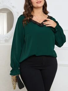 SHEIN LUNE Plus Contrast Lace Flounce Sleeve Blouse - Dark Green - View 5