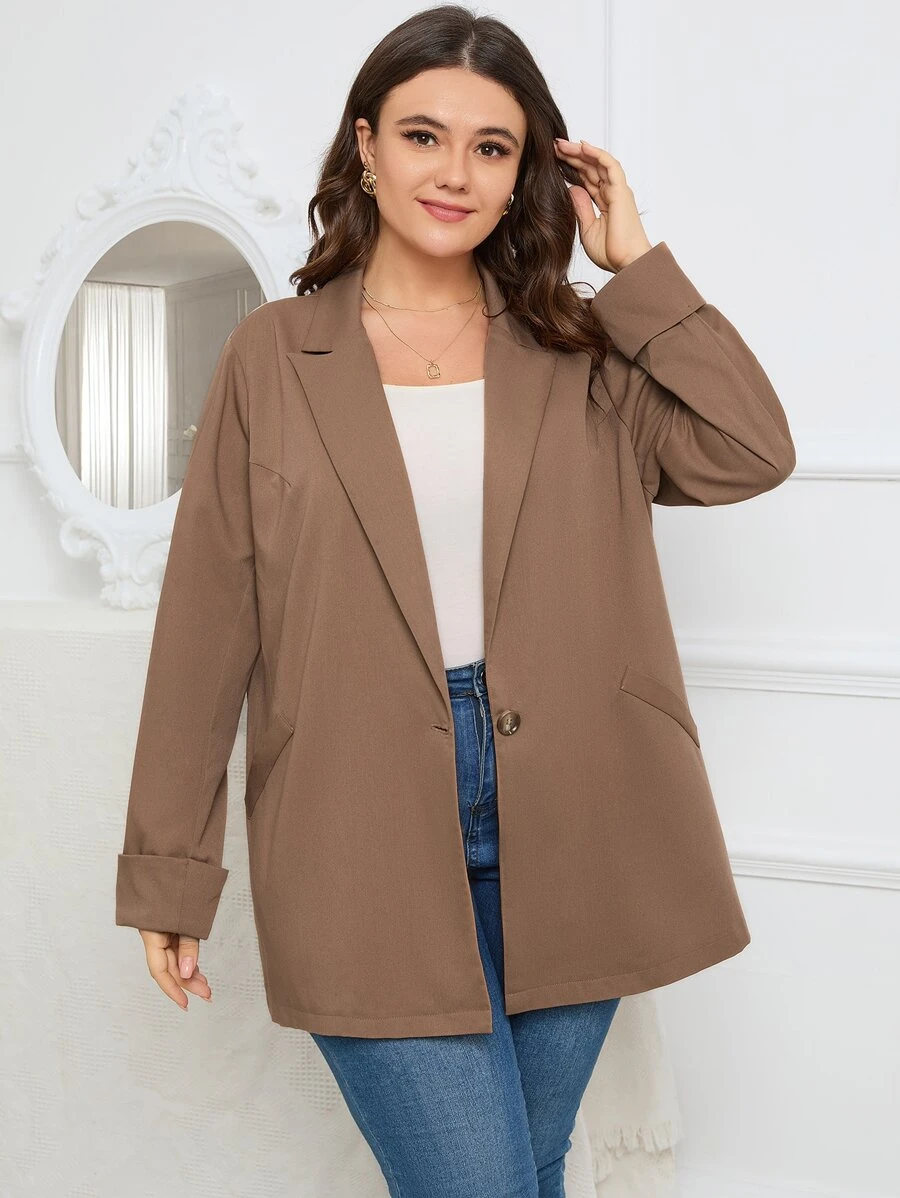 SHEIN LUNE Plus Single Button Lapel Neck Blazer - Coffee Brown - View 1