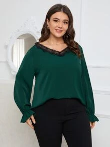 SHEIN LUNE Plus Contrast Lace Flounce Sleeve Blouse - Dark Green - View 6