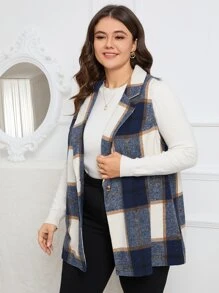 SHEIN LUNE Blazer chaleco de cuadros con botón - Multicolor - Ver 4