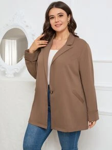 SHEIN LUNE Plus Single Button Lapel Neck Blazer - Coffee Brown - View 3