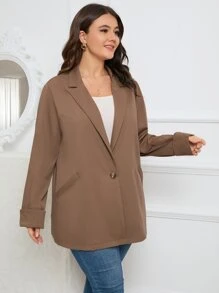 SHEIN LUNE Plus Single Button Lapel Neck Blazer - Coffee Brown - View 5