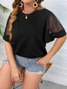 SHEIN LUNE Áo thun Plus size Tương phản Mesh màu trơn Giải trí - màu đen - Xem 1