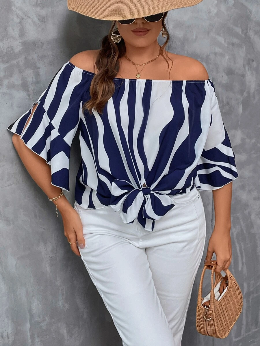 SHEIN LUNE Plus Striped Print Off Shoulder Flounce Sleeve Knot Hem Blouse - Blue and White - View 1