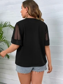 SHEIN LUNE Áo thun Plus size Tương phản Mesh màu trơn Giải trí - màu đen - Xem 2