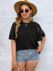 SHEIN LUNE Áo thun Plus size Tương phản Mesh màu trơn Giải trí - màu đen - Xem 4