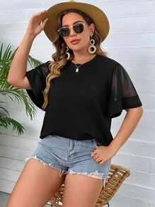 SHEIN LUNE Áo thun Plus size Tương phản Mesh màu trơn Giải trí - màu đen - Xem 5