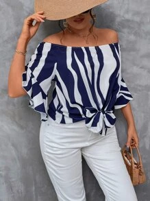 SHEIN LUNE Plus Striped Print Off Shoulder Flounce Sleeve Knot Hem Blouse - Blue and White - View 4