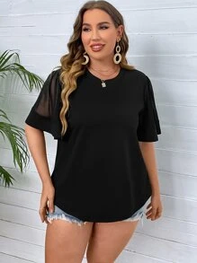 SHEIN LUNE Áo thun Plus size Tương phản Mesh màu trơn Giải trí - màu đen - Xem 6