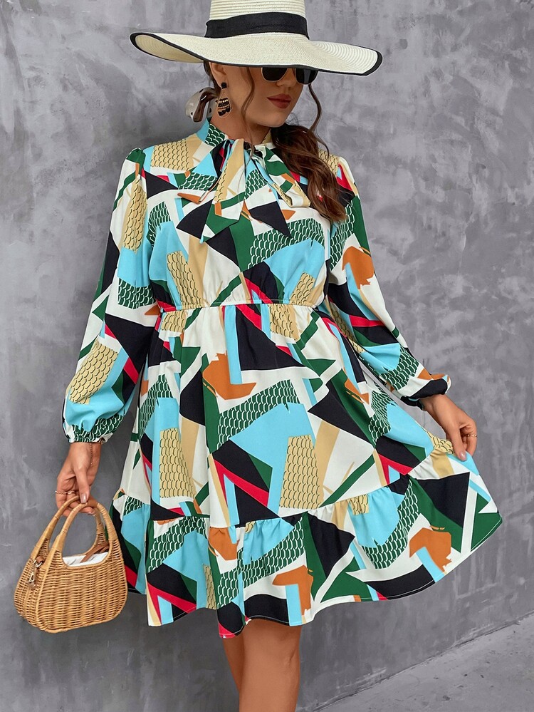 SHEIN LUNE Plus Geo Print Tie Neck Lantern Sleeve Ruffle Hem Dress - Multicolor - View 1