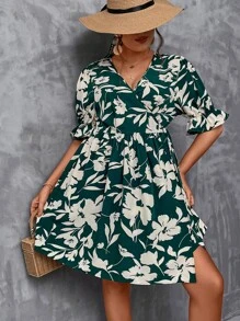 SHEIN LUNE Plus Floral Print Flounce Sleeve Overlap Collar Dress - Multicolor - View 1