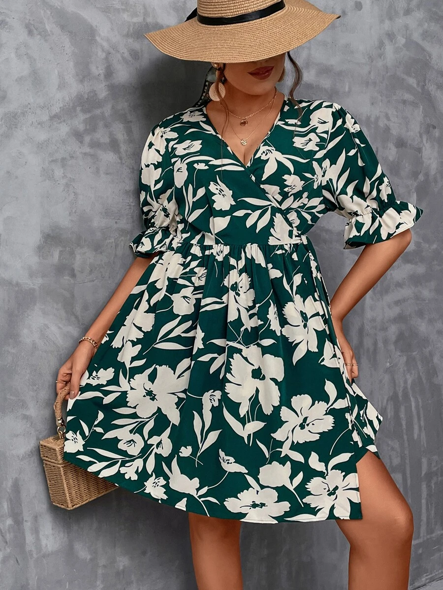 SHEIN LUNE Plus Floral Print Flounce Sleeve Overlap Collar Dress - Multicolor - View 1