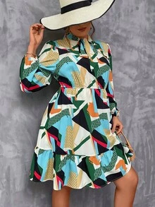 SHEIN LUNE Vestido con estampado geométrico de cuello con cordón de manga farol bajo con fruncido - Multicolor - Ver 3