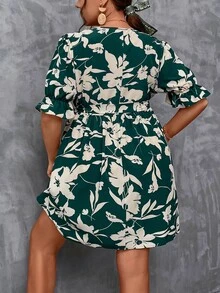 SHEIN LUNE Plus Floral Print Flounce Sleeve Overlap Collar Dress - Multicolor - View 2