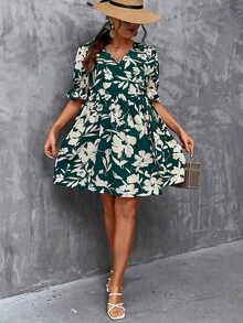 SHEIN LUNE Plus Floral Print Flounce Sleeve Overlap Collar Dress - Multicolor - View 3