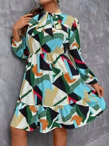 SHEIN LUNE Vestido con estampado geométrico de cuello con cordón de manga farol bajo con fruncido - Multicolor - Ver 4